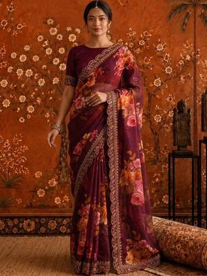 Burgundy floral embroidered poly georgette saree 2