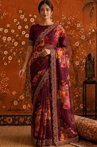 Burgundy floral embroidered poly georgette saree
