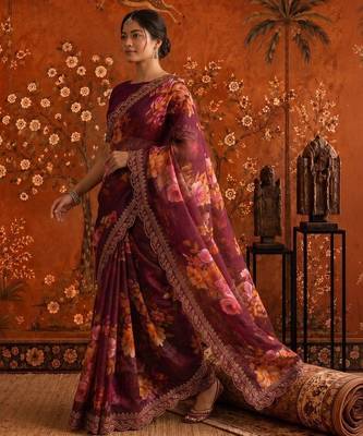Burgundy floral embroidered poly georgette saree 3