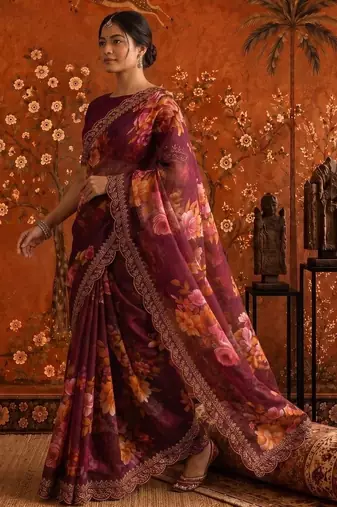 Burgundy floral embroidered poly georgette saree