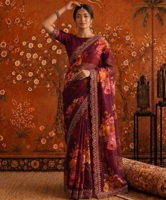Burgundy floral embroidered poly georgette saree 4