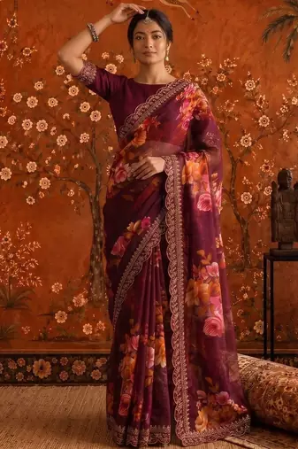 Burgundy floral embroidered poly georgette saree