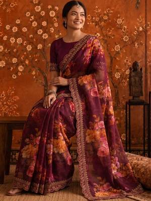 Burgundy floral embroidered poly georgette saree 5
