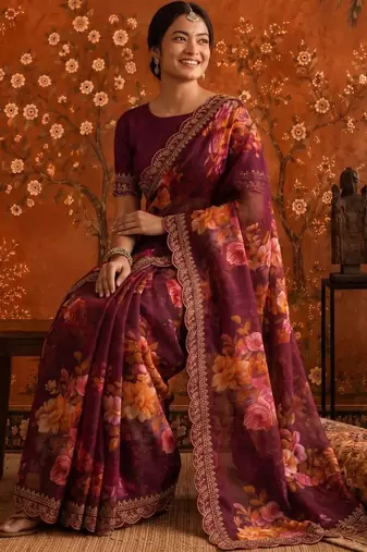Burgundy floral embroidered poly georgette saree