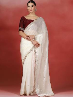 Off white embroidered satin designer saree 1
