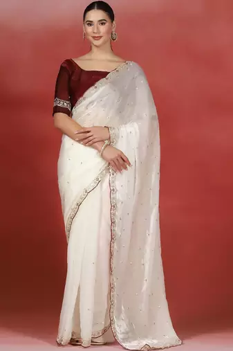 Off white embroidered satin designer saree