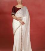 Off white embroidered satin designer saree