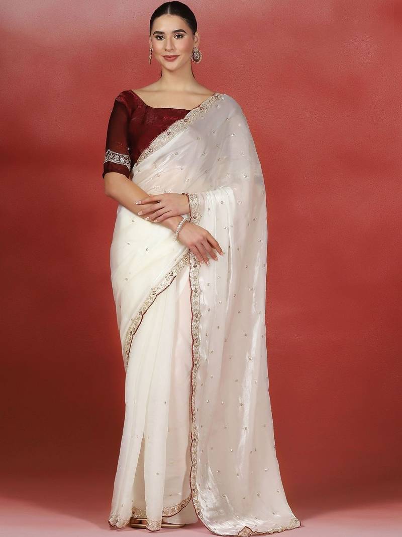 Off white embroidered satin designer saree