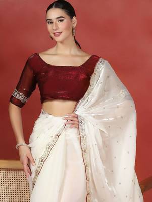 Off white embroidered satin designer saree 2