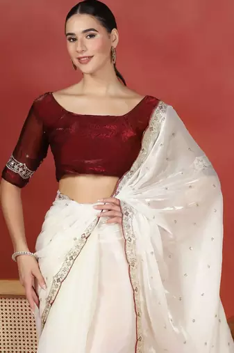 Off white embroidered satin designer saree