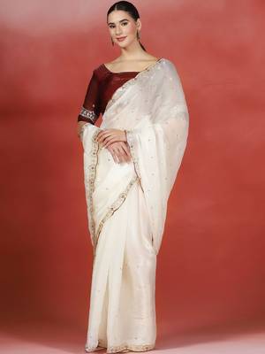 Off white embroidered satin designer saree 3