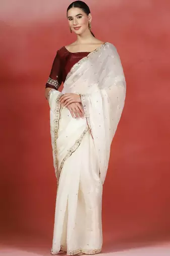 Off white embroidered satin designer saree