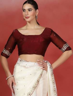 Off white embroidered satin designer saree 4