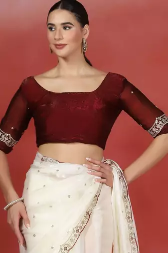 Off white embroidered satin designer saree