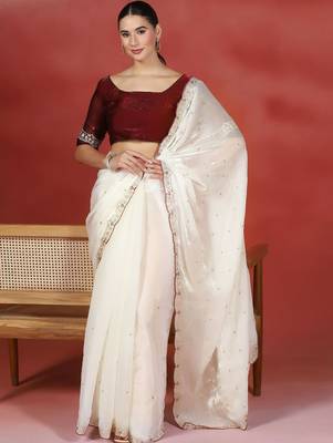 Off white embroidered satin designer saree 5