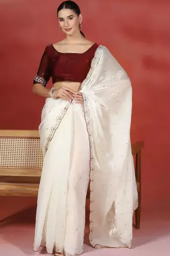 Off white embroidered satin designer saree