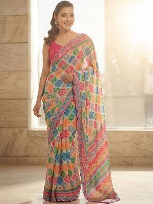 Blue printed bandhani sarees with unstitched blouse piece 1