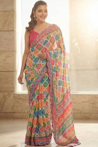 Blue printed bandhani sarees with unstitched blouse piece
