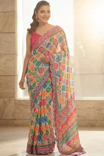Blue printed bandhani sarees with unstitched blouse piece