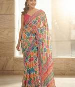 Blue printed bandhani sarees with unstitched blouse piece