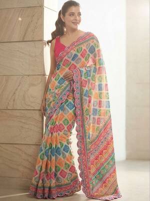 Blue printed bandhani sarees with unstitched blouse piece 2