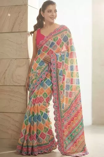 Blue printed bandhani sarees with unstitched blouse piece