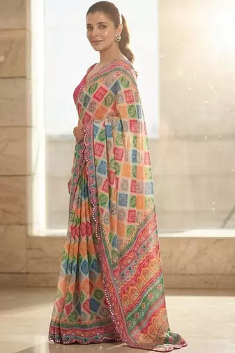 Blue printed bandhani sarees with unstitched blouse piece