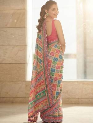 Blue printed bandhani sarees with unstitched blouse piece 4