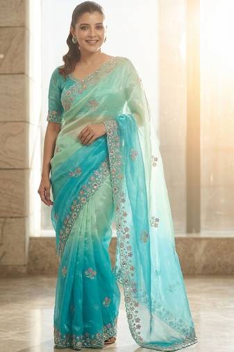 Blue ombre embroidered saree with blouse piece