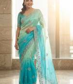 Blue ombre embroidered saree with blouse piece