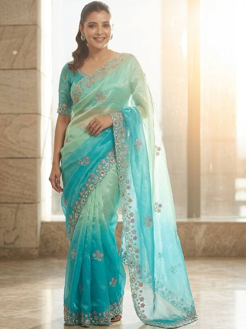 Blue ombre embroidered saree with blouse piece