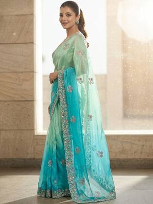 Blue ombre embroidered saree with blouse piece 2