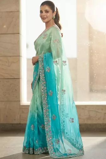 Blue ombre embroidered saree with blouse piece
