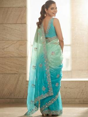 Blue ombre embroidered saree with blouse piece 3