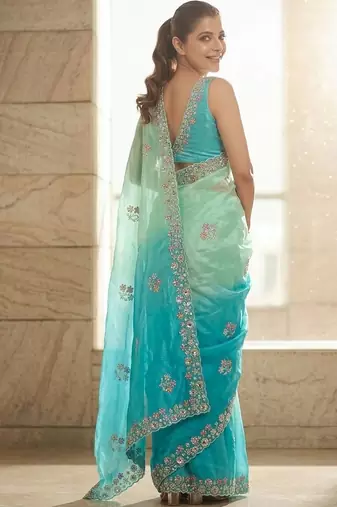 Blue ombre embroidered saree with blouse piece