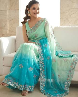 Blue ombre embroidered saree with blouse piece 4