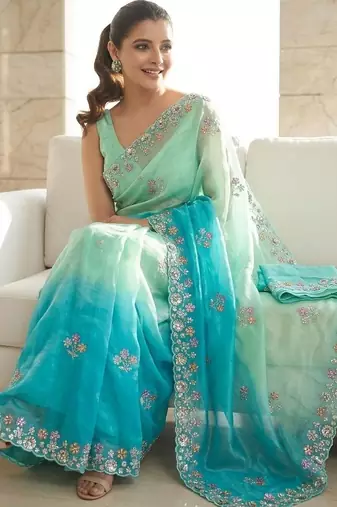 Blue ombre embroidered saree with blouse piece