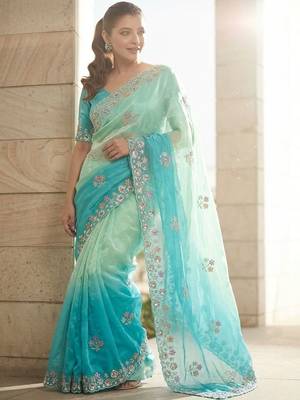 Blue ombre embroidered saree with blouse piece 5