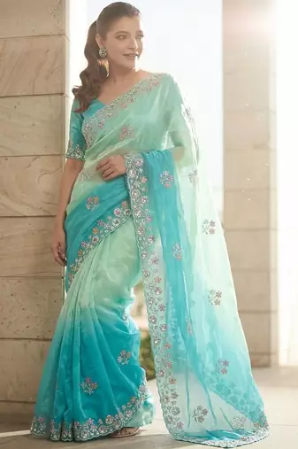 Blue ombre embroidered saree with blouse piece
