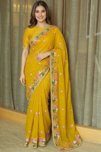 Yellow floral embroidered  chiffon saree