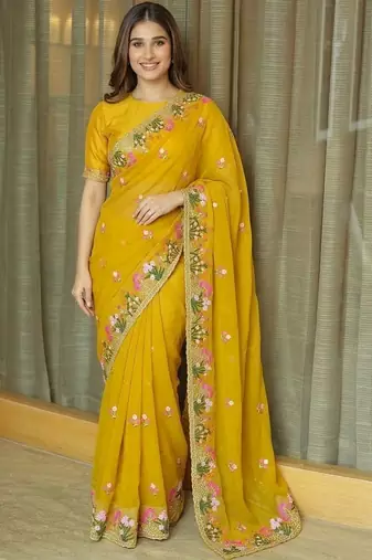 Yellow floral embroidered  chiffon saree