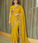 Yellow floral embroidered  chiffon saree