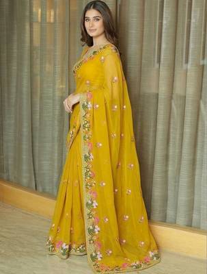Yellow floral embroidered  chiffon saree 2