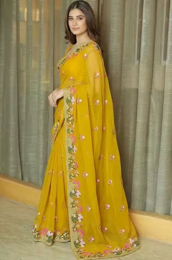Yellow floral embroidered  chiffon saree