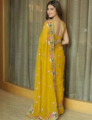 Yellow floral embroidered  chiffon saree 3
