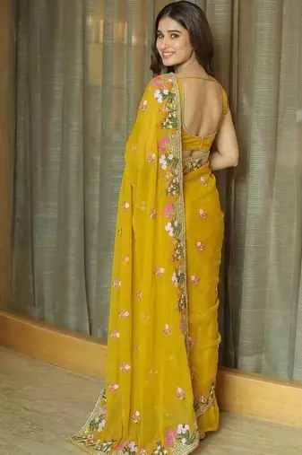 Yellow floral embroidered  chiffon saree