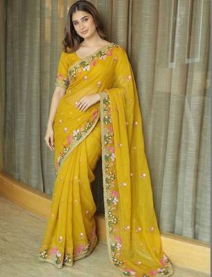 Yellow floral embroidered  chiffon saree 4