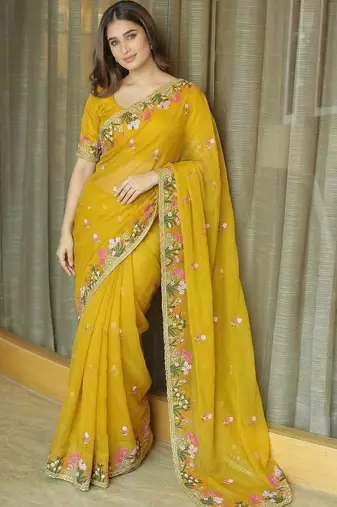 Yellow floral embroidered  chiffon saree