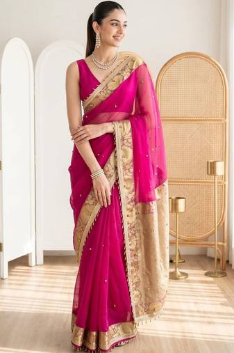 Magenta woven design beads and stones silk blend designer banarasi saree