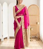 Magenta woven design beads and stones silk blend designer banarasi saree